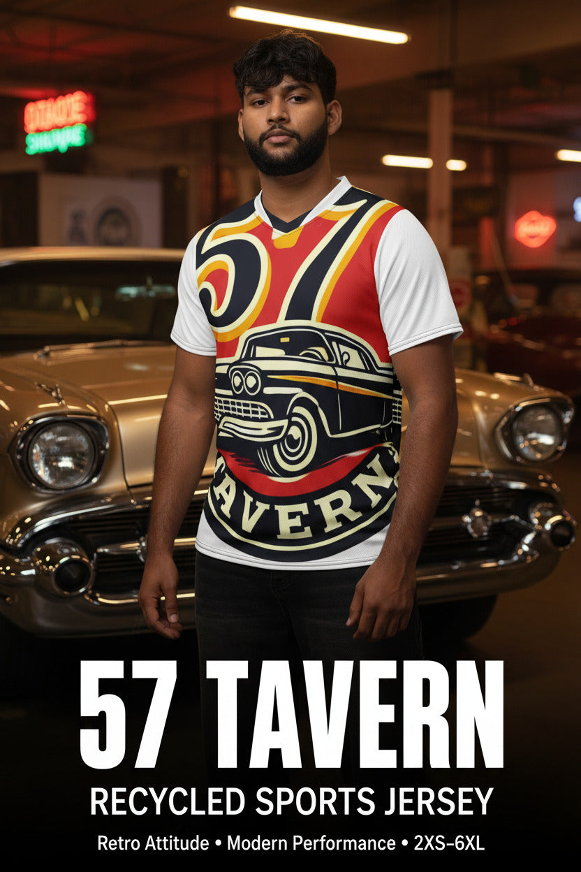 Two models wearing matching white graphic t-shirts with a vintage car and the number 57 design, shown from the front and back against a white background.