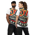 Two models wearing matching white graphic t-shirts with a vintage car and the number 57 design, shown from the front and back against a white background.