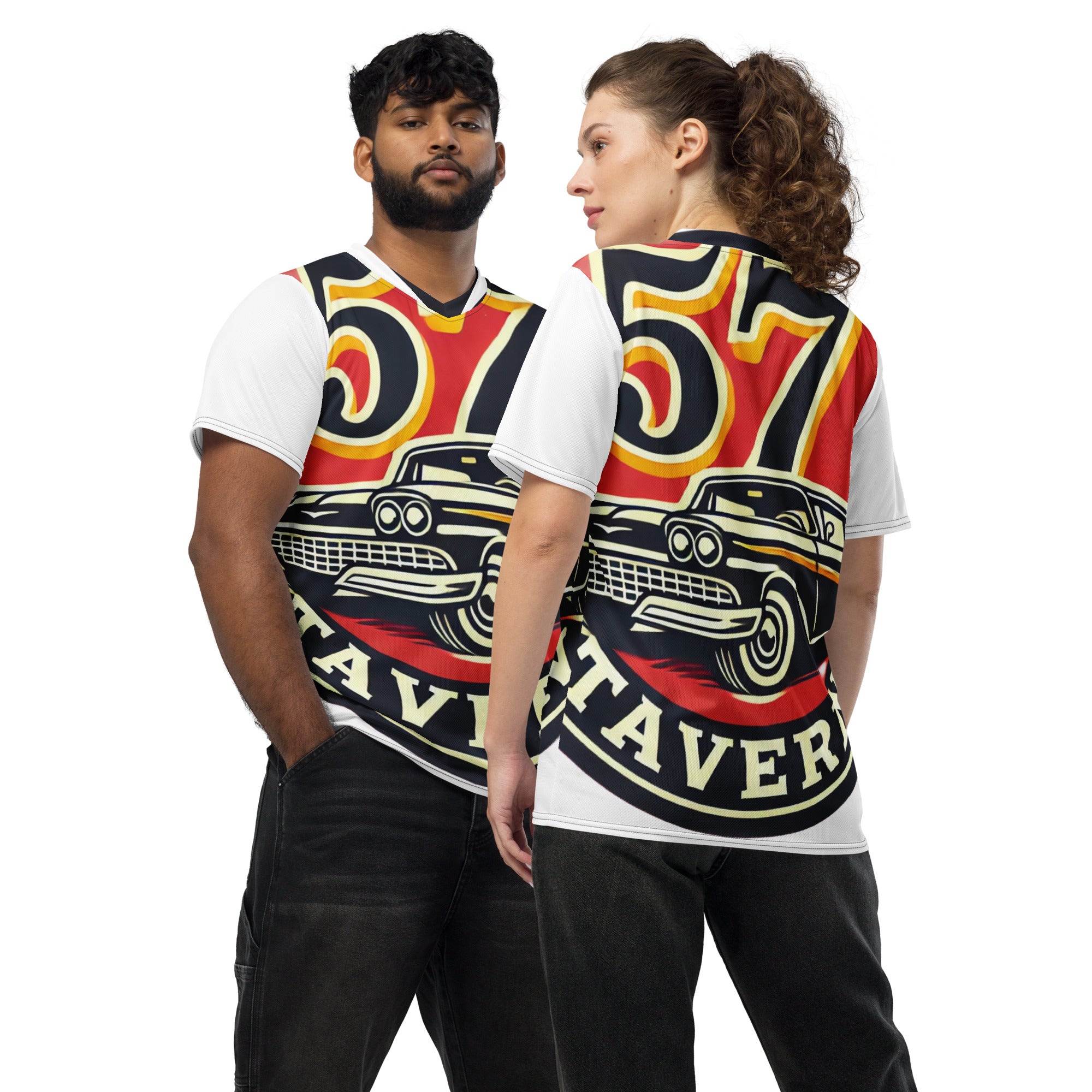 Two models wearing matching white graphic t-shirts with a vintage car and the number 57 design, shown from the front and back against a white background.