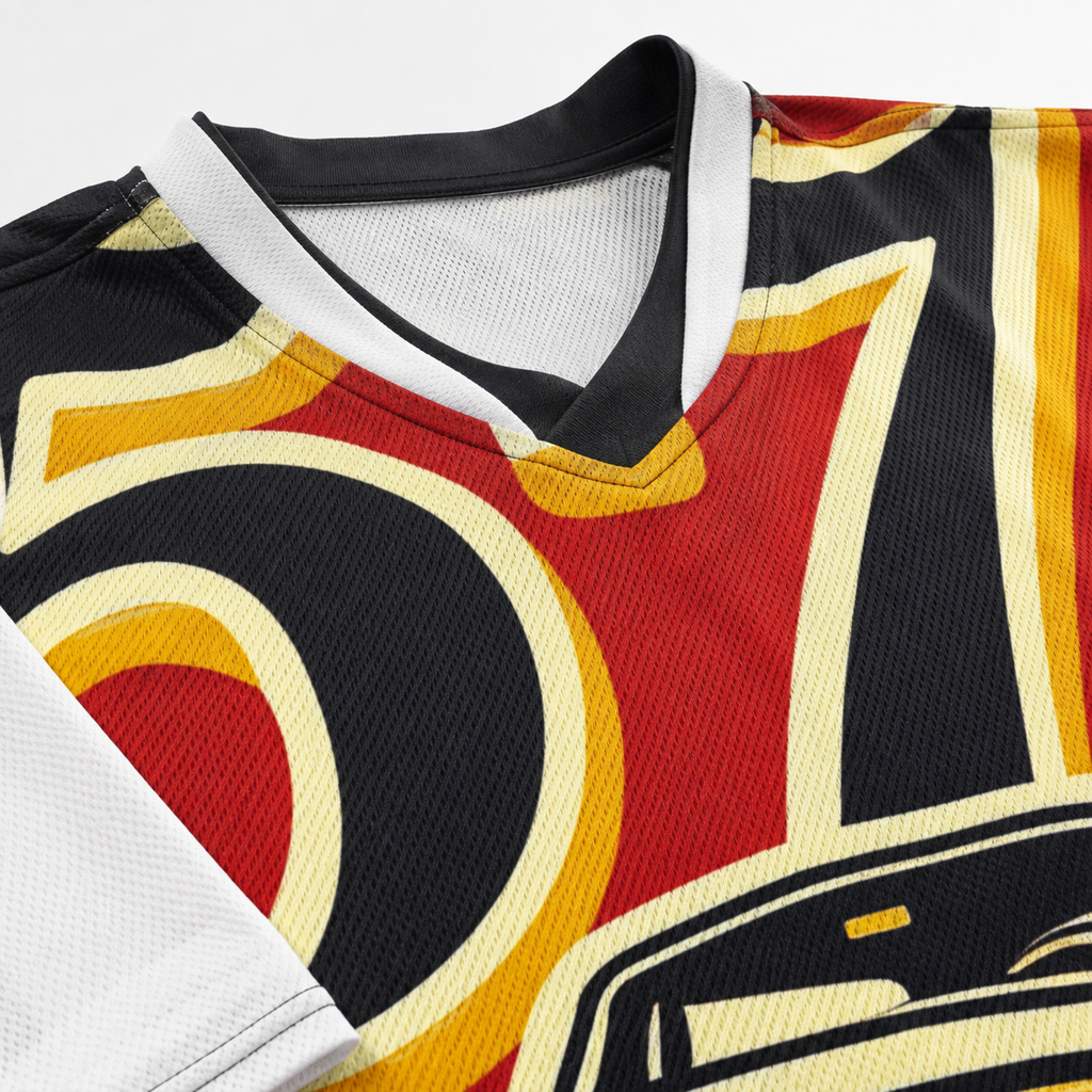 Close-up of a hockey jersey with a V-neck collar, featuring a bold graphic pattern in red, black, cream, and yellow. The fabric texture and part of the white sleeve are visible.