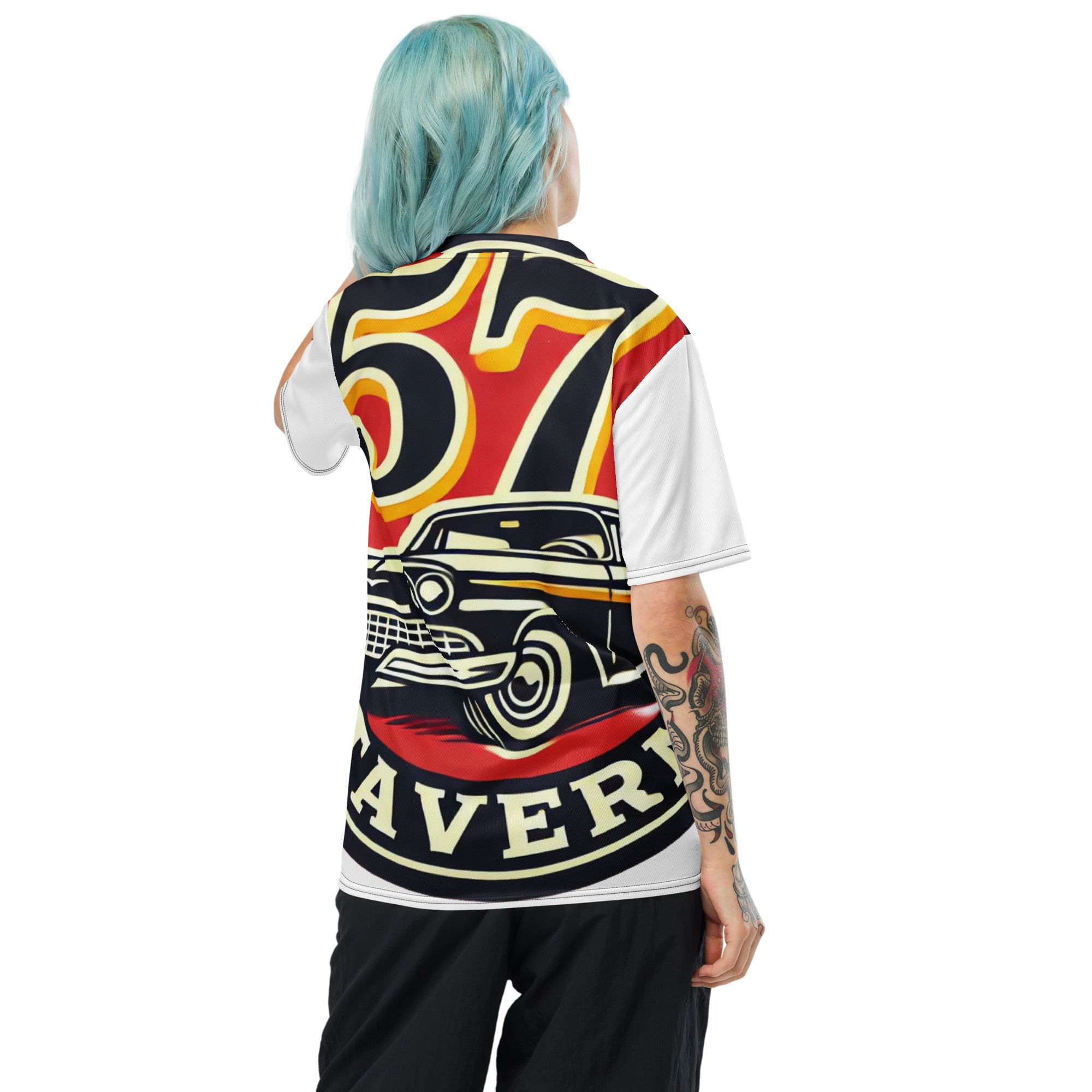 A person shown from the back wearing a short-sleeve collared shirt with a large retro-style graphic print. The shirt features a bold number 57, a vintage car, and the word 'RAVER' in cream, red, yellow, and black.
