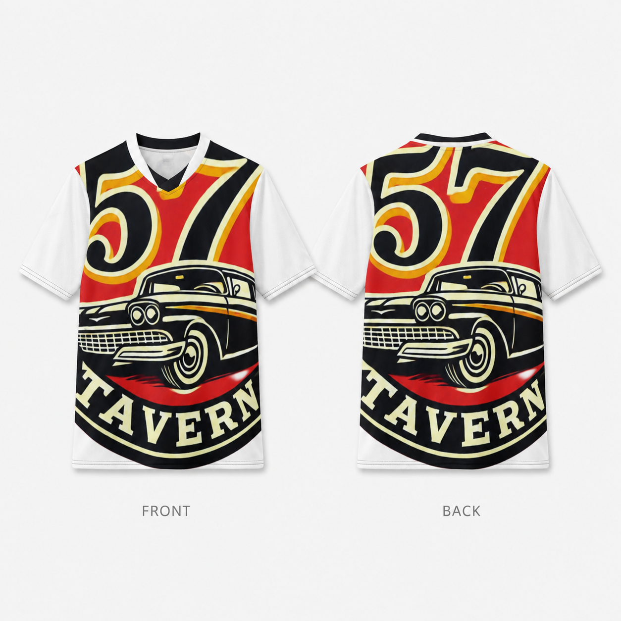 Front and back views of a white short-sleeve t-shirt featuring a retro graphic print of a 1957 car and the words '57 TAVERN' in red, yellow, black, and cream colors, set against a light gray background.