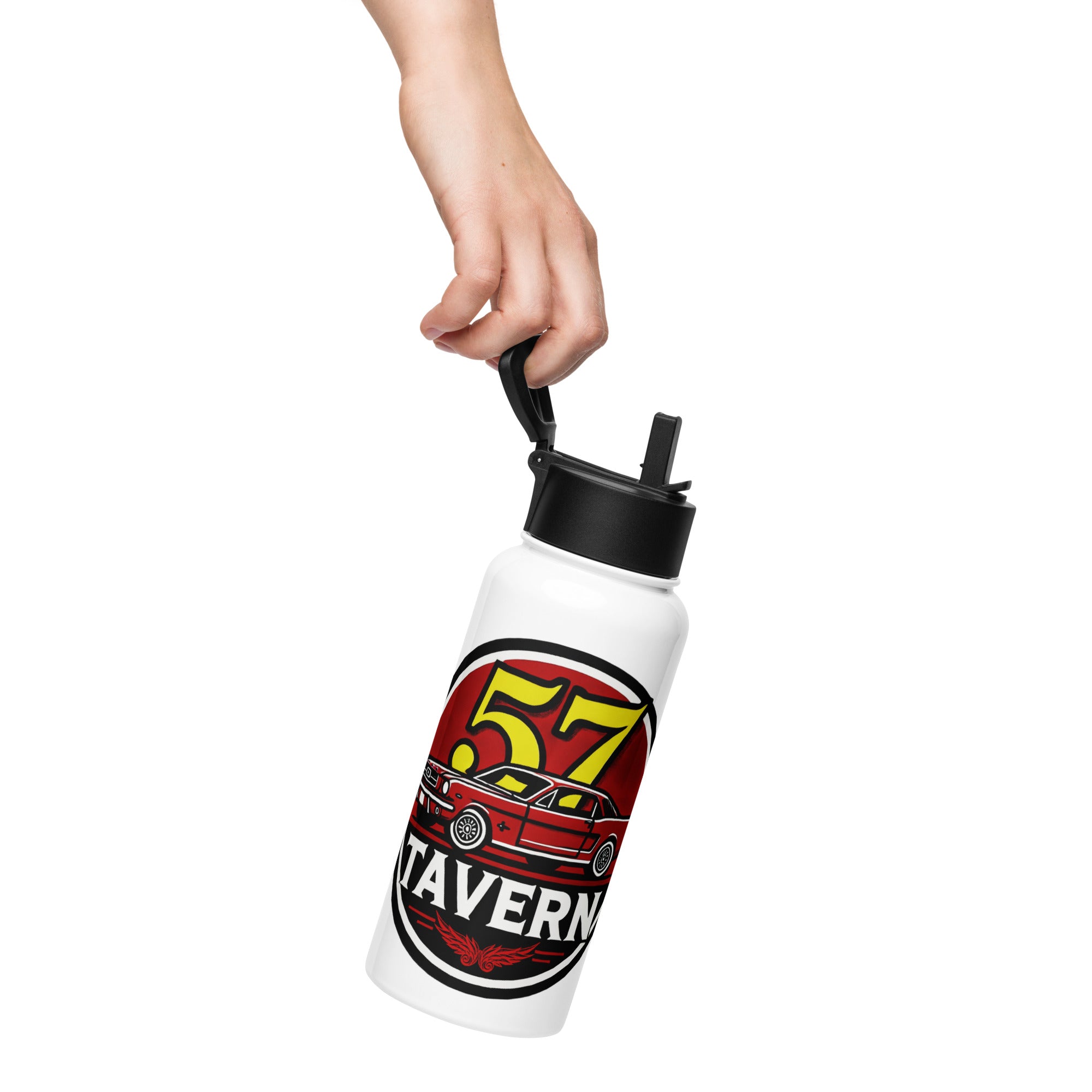 A person's hand holding a white stainless steel water bottle with a red and green design and a straw lid.