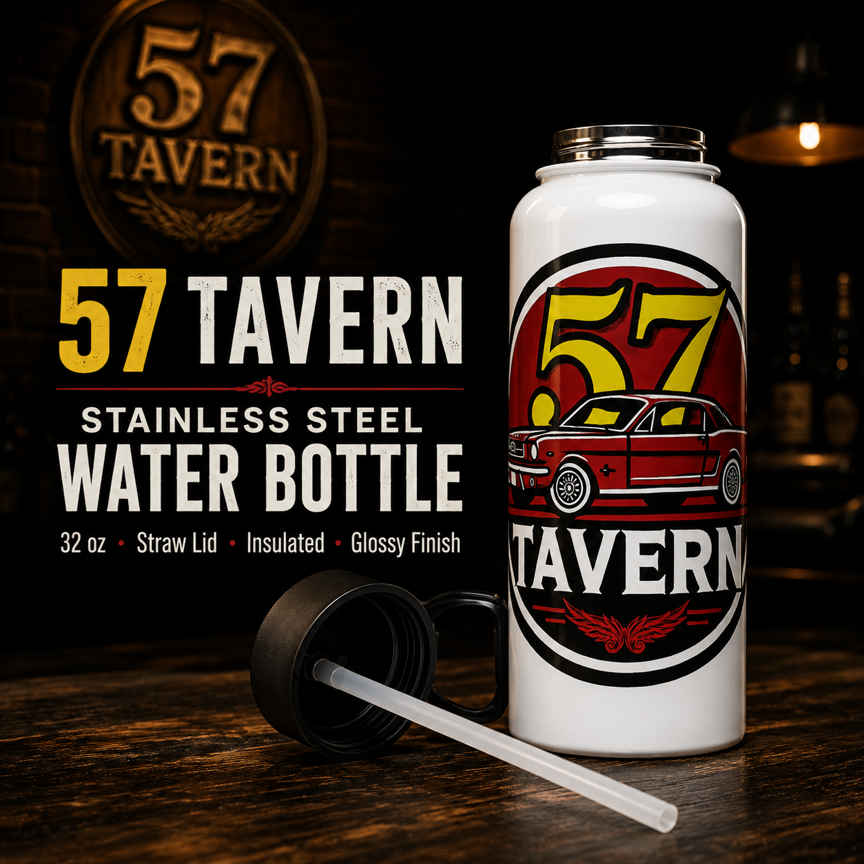 A white stainless steel water bottle with a glossy finish and a black lid, shown on a dark wooden table. The bottle features a circular red, yellow, and black '57 TAVERN' logo with a red car illustration.