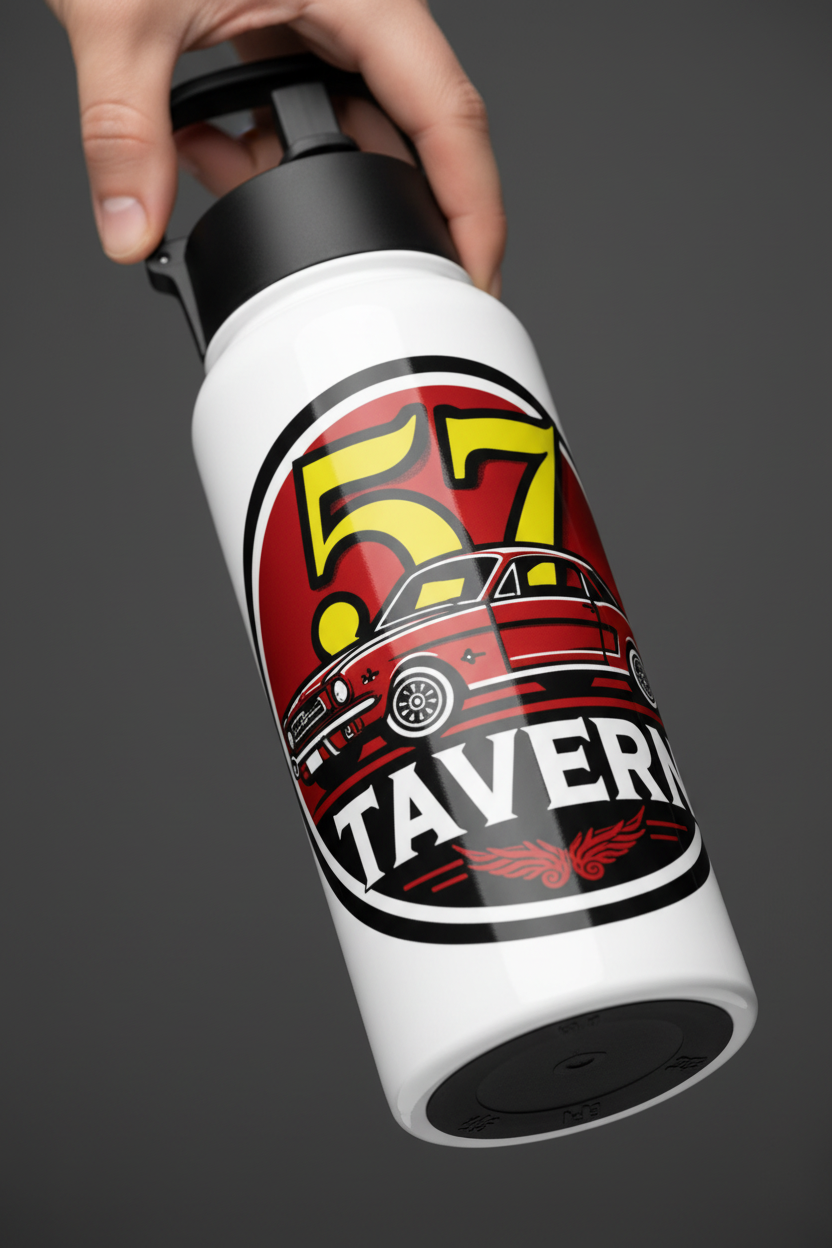 A hand holding a white insulated water bottle with a black lid. The bottle features a large graphic design for '57 Taverne' with a red car, yellow '57' text, and black and red accents, set against a dark gray background.