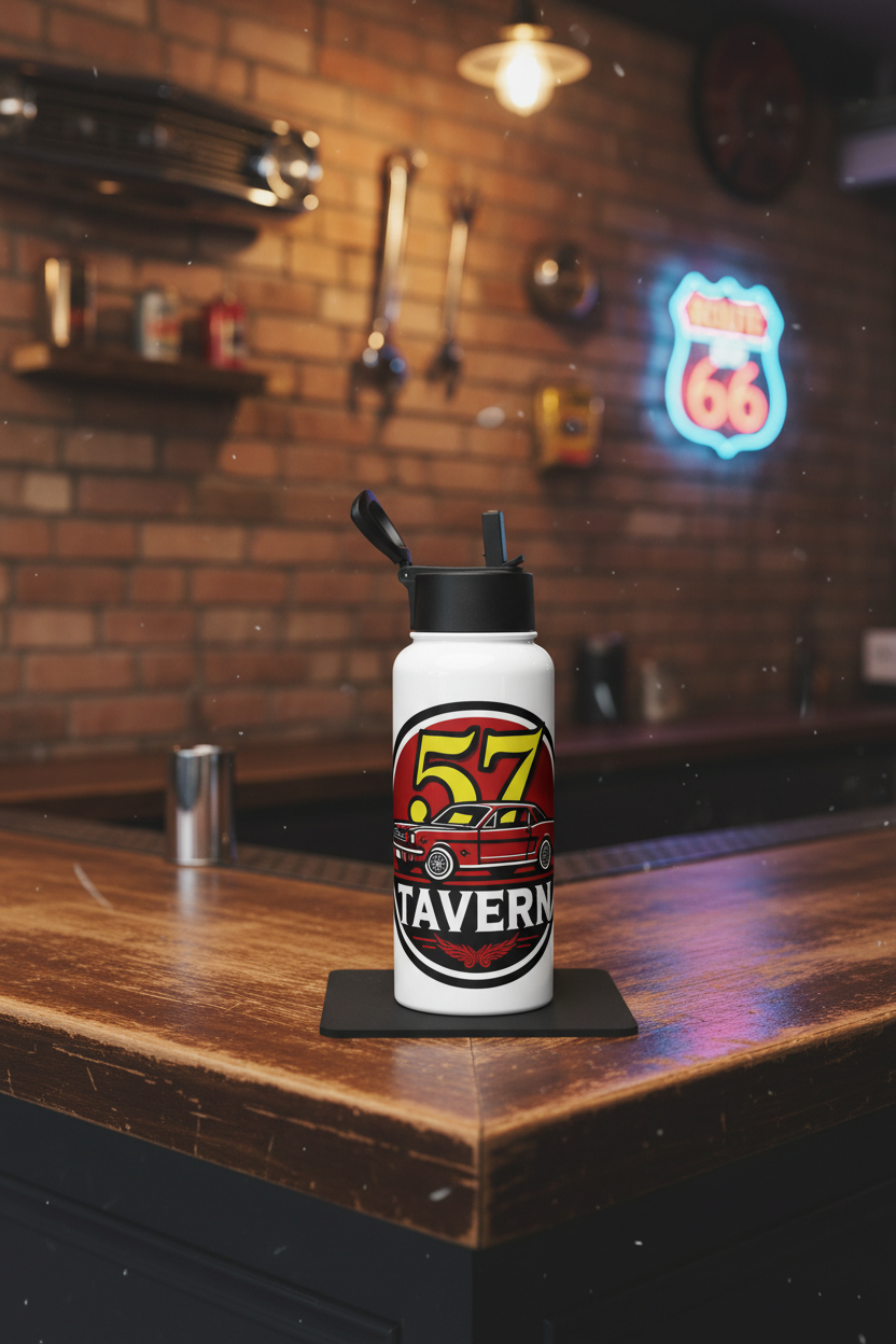 A white insulated water bottle with a black lid sits on a dark coaster on a wooden bar counter in a rustic bar setting with a brick wall and neon sign in the background.