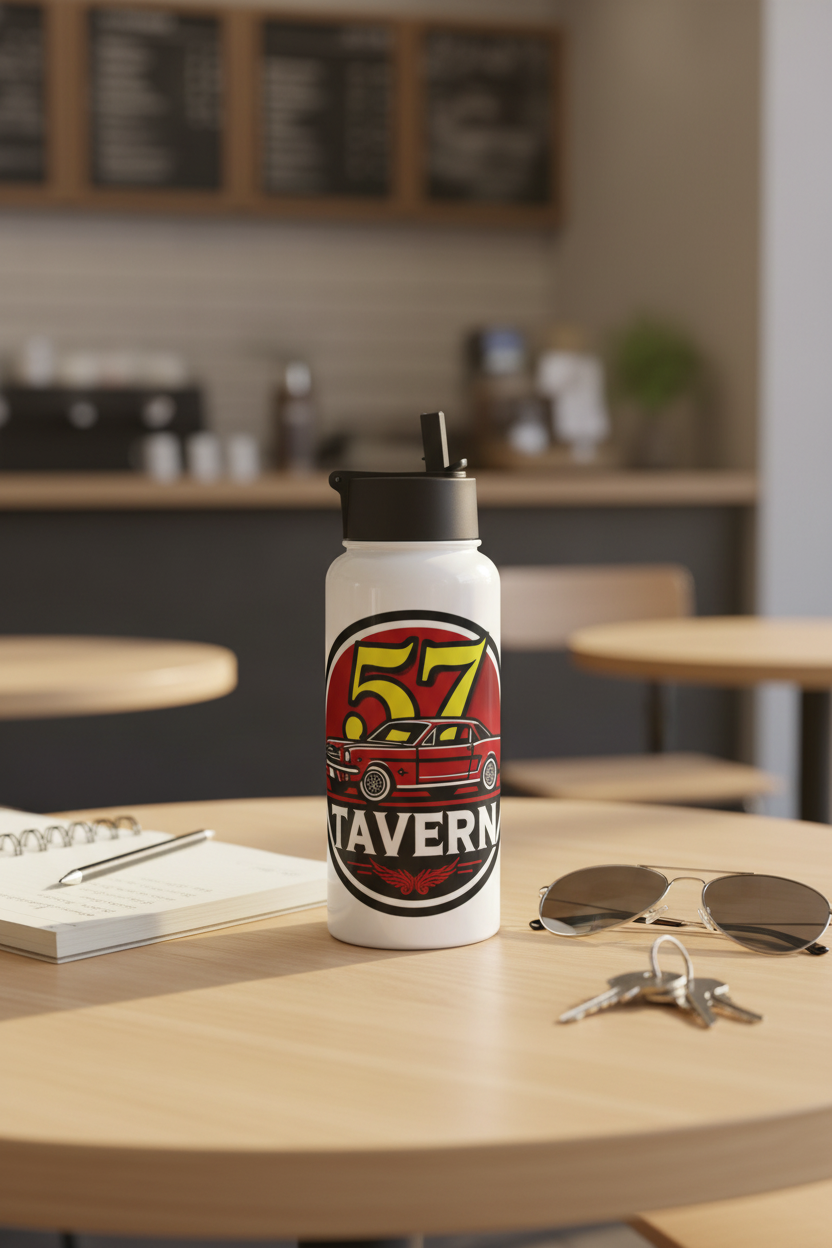A white insulated water bottle with a black lid sits on a light wood table in a cafe setting. The bottle features a circular red, yellow, and black graphic that reads '57 TAVERN' with a car illustration.