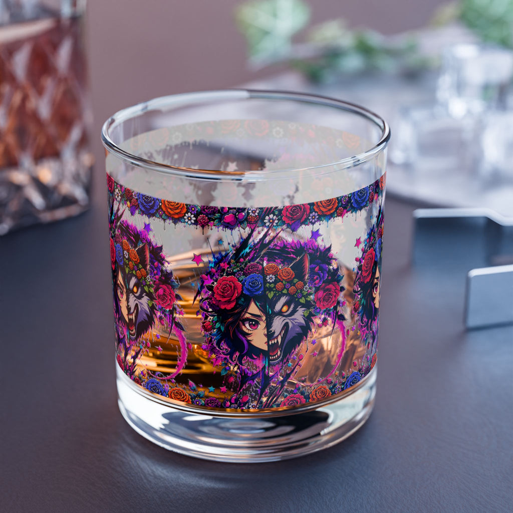 Candle with colorful design on a dark surface
