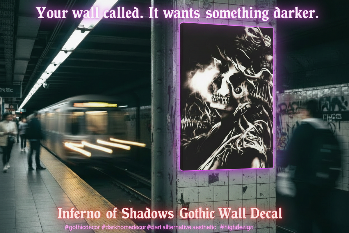 Gothic wall decal of a skeleton with text overlay in a subway setting