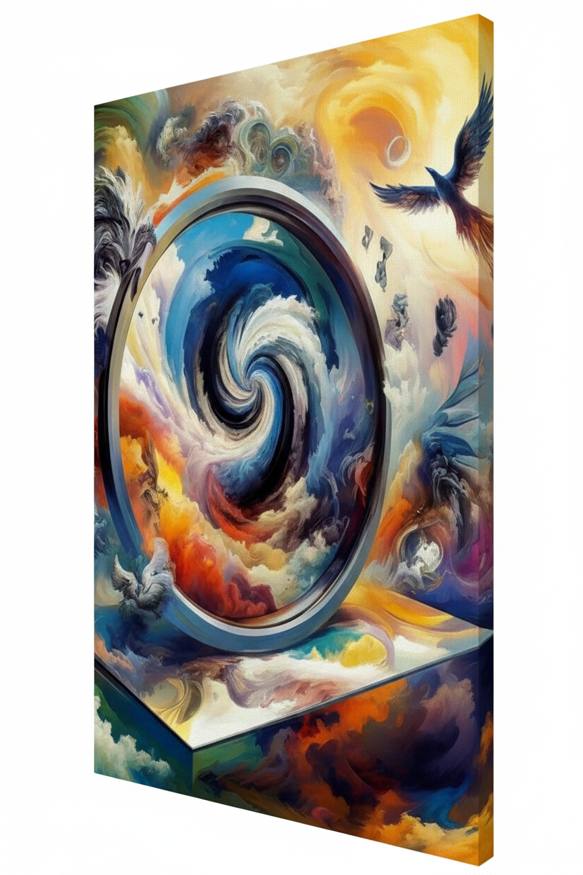 Colorful abstract artwork with swirling patterns and birds on a white background