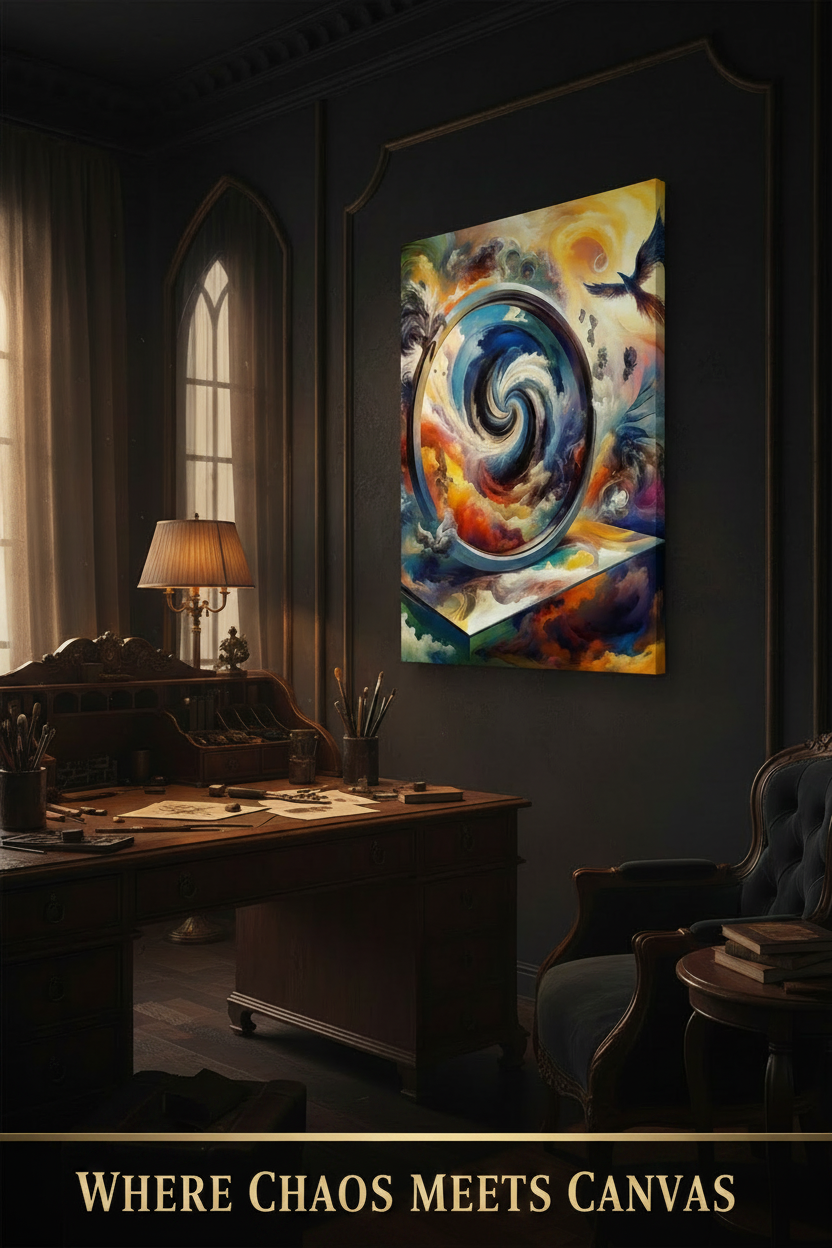 Colorful abstract painting on a dark wall above a desk in a dimly lit room.