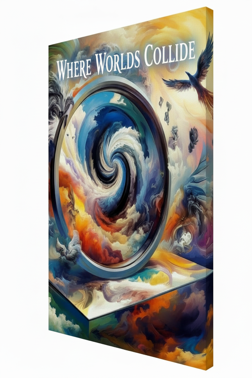 Framed artwork with a swirling design and text 'Where Worlds Collide' on a white background