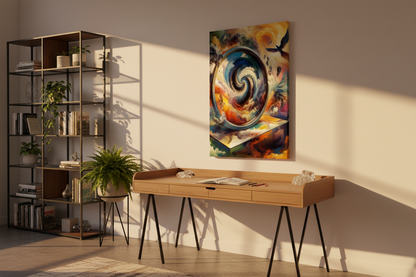Modern home office with a wooden desk, bookshelf, and colorful abstract painting.