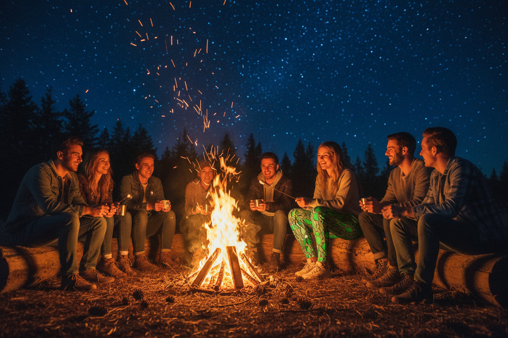 Group of people sitting around a campfire under a starry night sky.