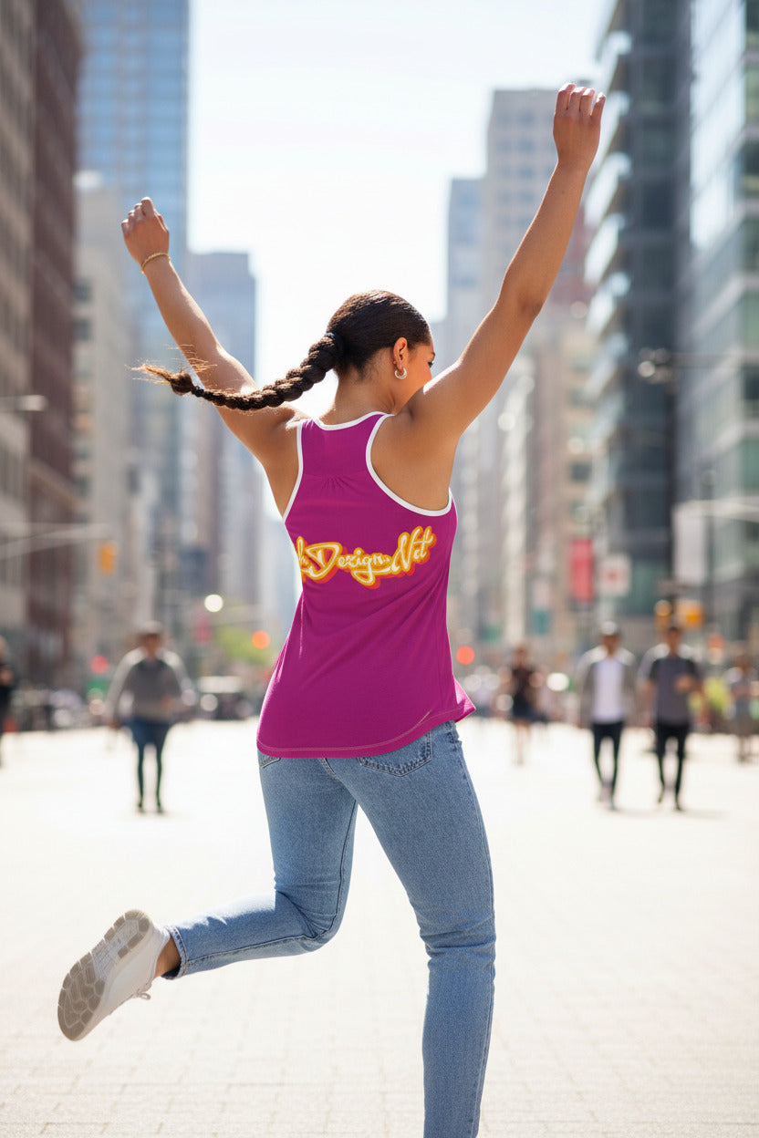 Woman wearing a pink tank top with 'Style Design Life' text on the back, on a white background