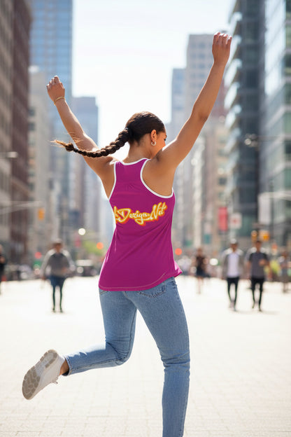 Woman wearing a pink tank top with 'Style Design Life' text on the back, on a white background