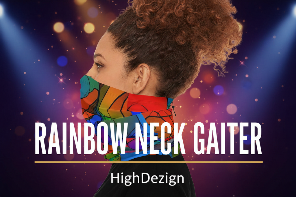 Person wearing a colorful rainbow neck gaiter with 'HighDezign' branding against a vibrant background.
