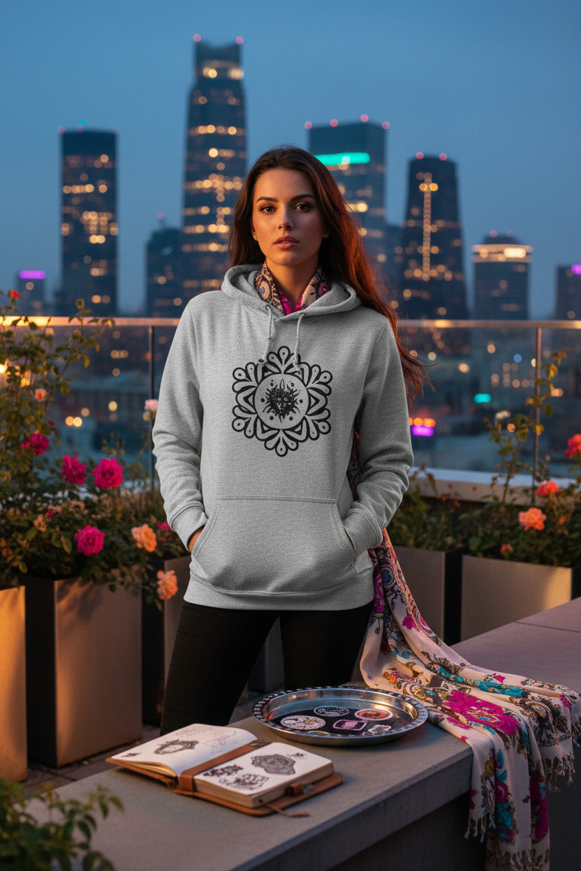 A woman stands on a rooftop terrace at dusk wearing a light gray pullover hoodie with a black mandala graphic on the chest. The background features a blurred city skyline with illuminated skyscrapers.