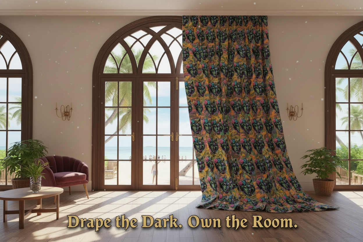 Decorative curtain with a colorful pattern in a room with large windows and furniture.