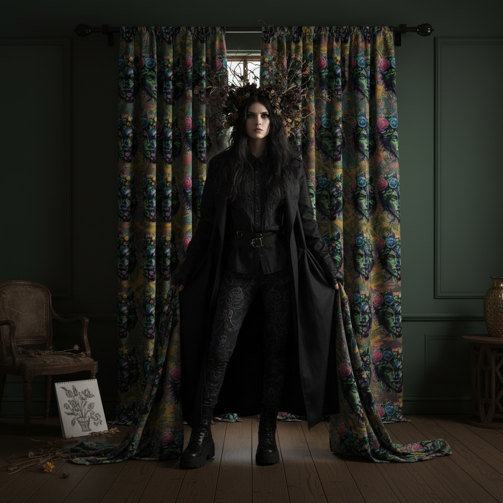 Person in dark clothing standing in a room with floral curtains and vintage furniture.