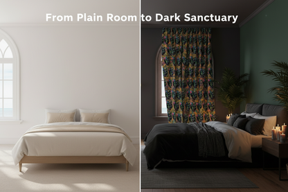 Before and after comparison of a bedroom transformation from plain to dark and cozy.