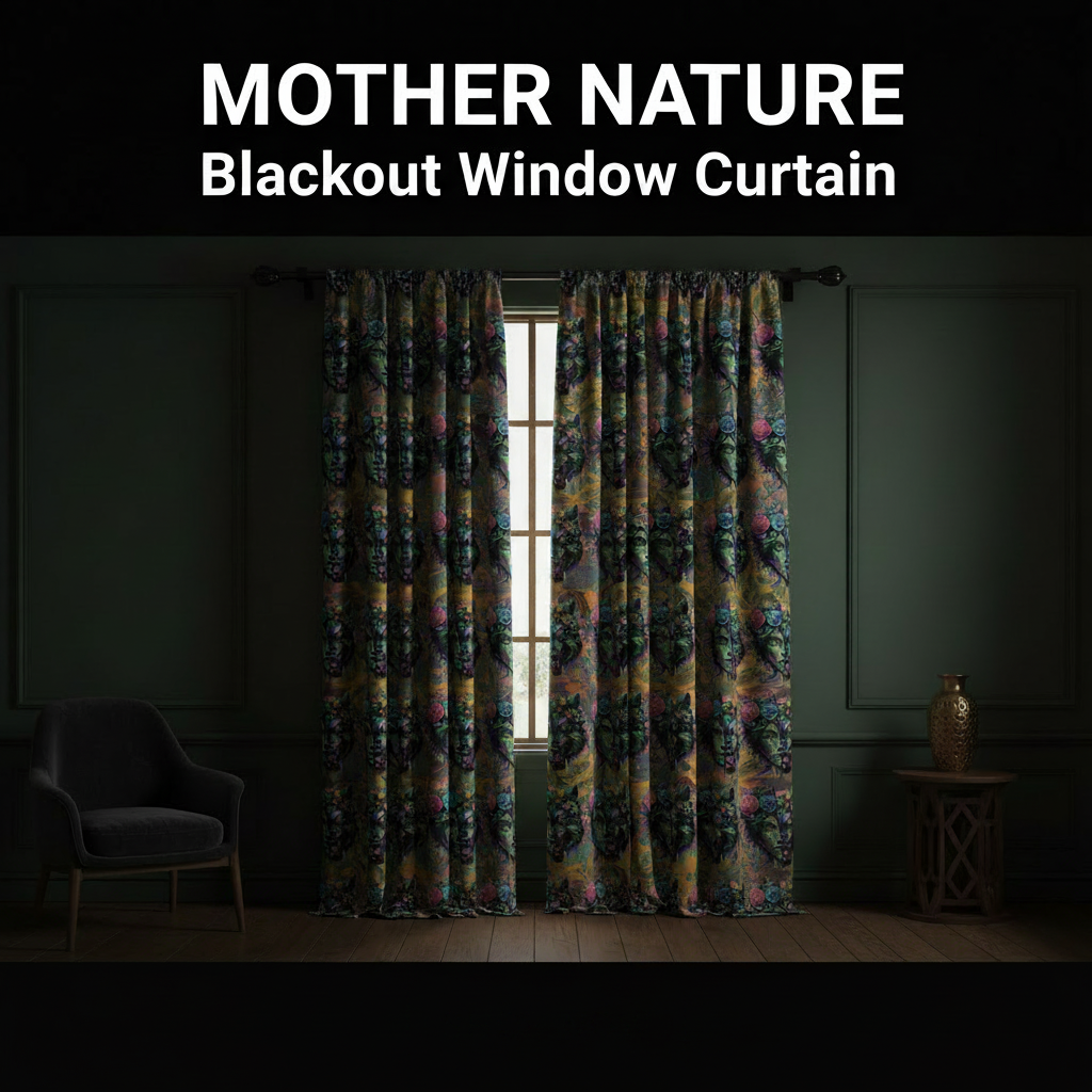 Blackout window curtain with nature-themed design in a dark room.
