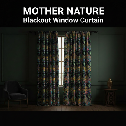Blackout window curtain with nature-themed design in a dark room.