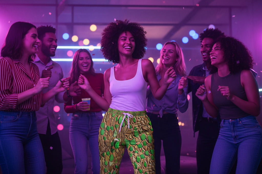 Group of friends dancing at a party with colorful lights in the background