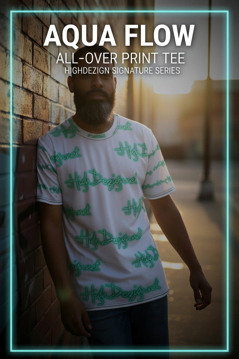 A man wearing a white short-sleeve t-shirt with an all-over green 'HGH Design' signature-style print, standing against a brick wall in a sunlit alley. Text at the top reads 'AQUA FLOW ALL-OVER PRINT TEE' and 'HGH DESIGN SIGNATURE SERIES'.