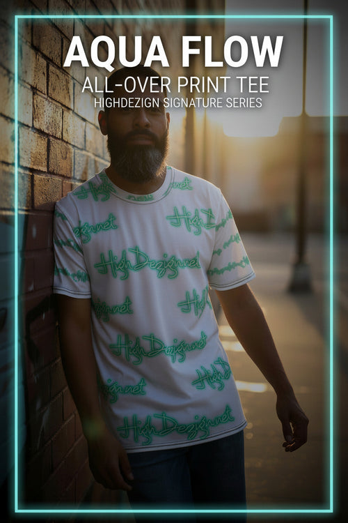 A man wearing a white short-sleeve t-shirt with an all-over green 'HGH Design' signature-style print, standing against a brick wall in a sunlit alley. Text at the top reads 'AQUA FLOW ALL-OVER PRINT TEE' and 'HGH DESIGN SIGNATURE SERIES'.
