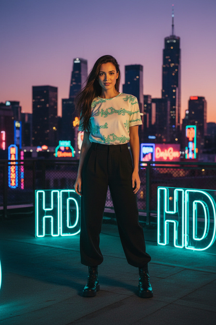 A woman stands on a rooftop at dusk wearing a white graphic t-shirt with green and blue abstract patterns, black wide-leg pants, and black boots. Neon signs and a city skyline are visible in the background.