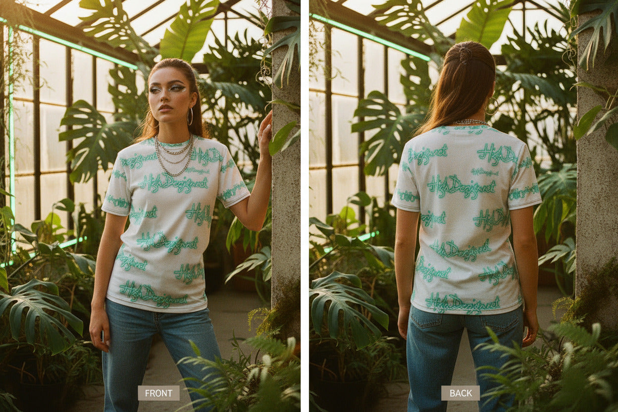 A split front-and-back view of a woman wearing a white short-sleeve T-shirt with a teal abstract wave pattern, paired with blue jeans, standing inside a greenhouse with lush plants.