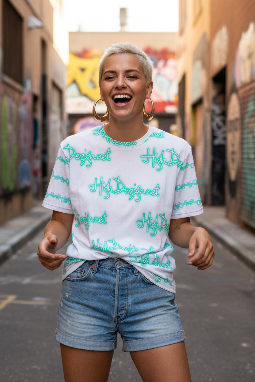 A woman stands in an outdoor alley wearing a white graphic T-shirt with turquoise script text and light blue denim shorts.