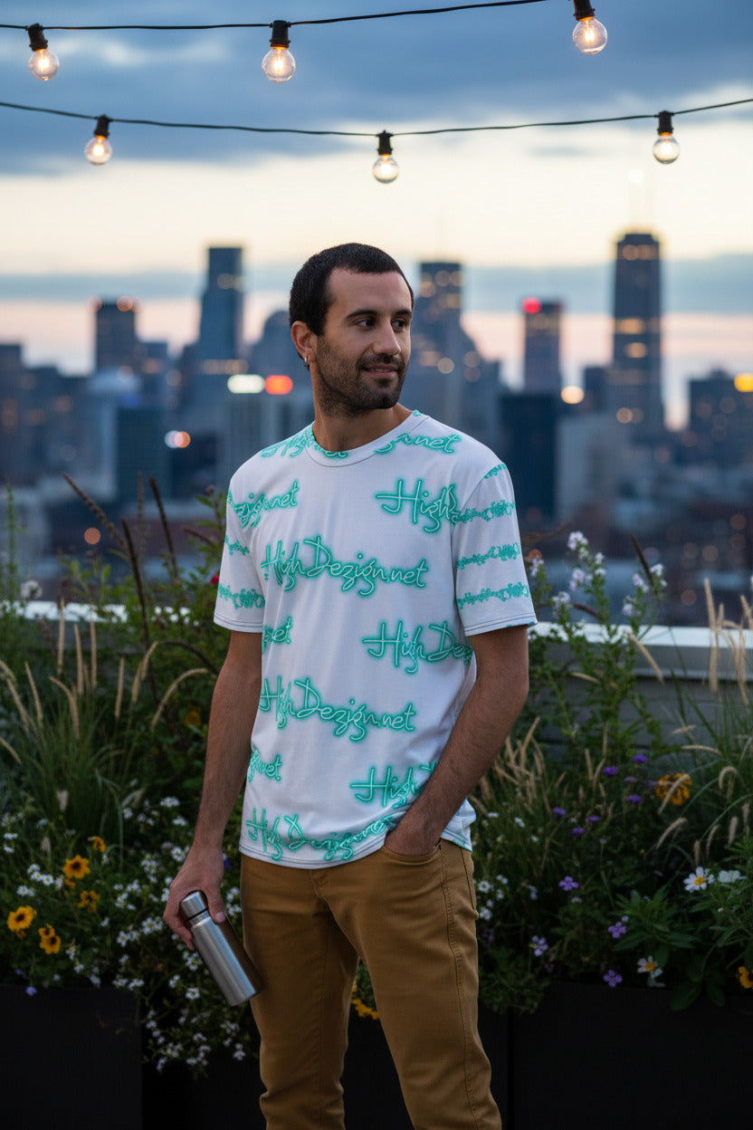 A man wearing a white t-shirt with a teal 'Hill Design' script pattern, standing on a rooftop terrace with a city skyline in the background at dusk.