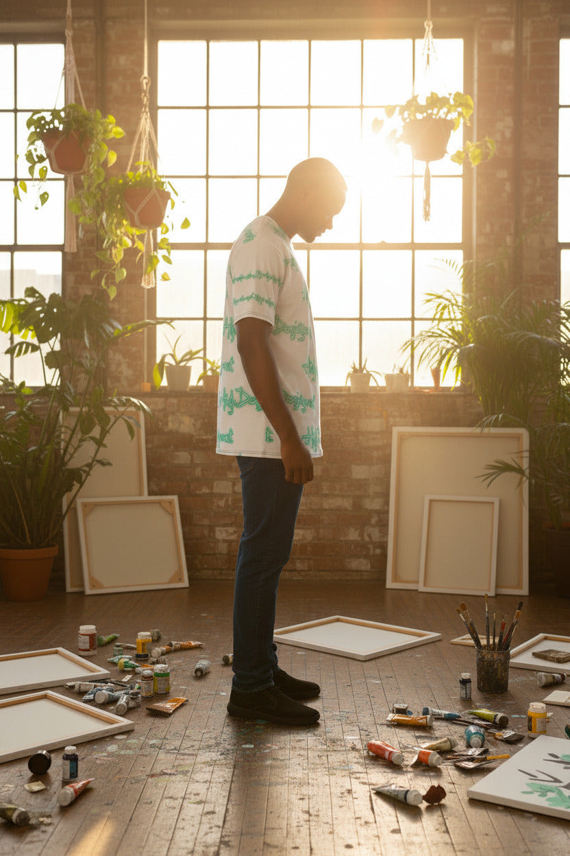 A man stands in profile in a sunlit art studio with large windows, brick walls, and scattered paint supplies and blank frames on the floor. He is wearing a white short-sleeve shirt with a light green abstract pattern, dark pants, and black shoes.