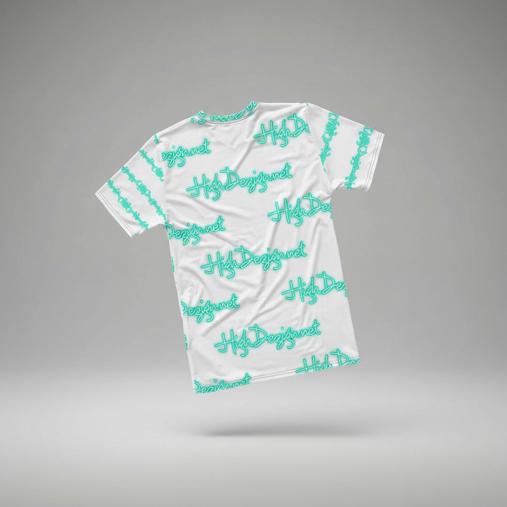 A white short-sleeve t-shirt with an all-over turquoise script pattern reading 'HijDesigns', shown floating against a neutral gray studio background.