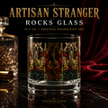 A 10.5 oz rocks glass featuring a detailed gothic illustration of a skull in a crown with red roses and gold accents, set against a dark background with a bottle and red drapery.