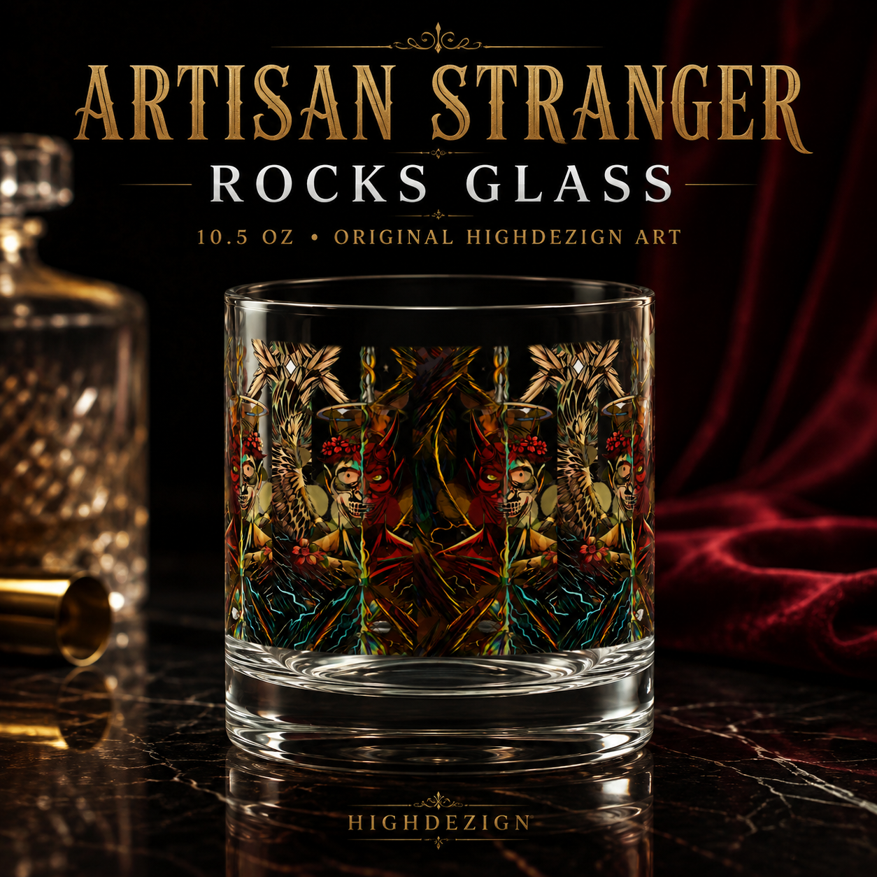 A 10.5 oz rocks glass featuring a detailed gothic illustration of a skull in a crown with red roses and gold accents, set against a dark background with a bottle and red drapery.