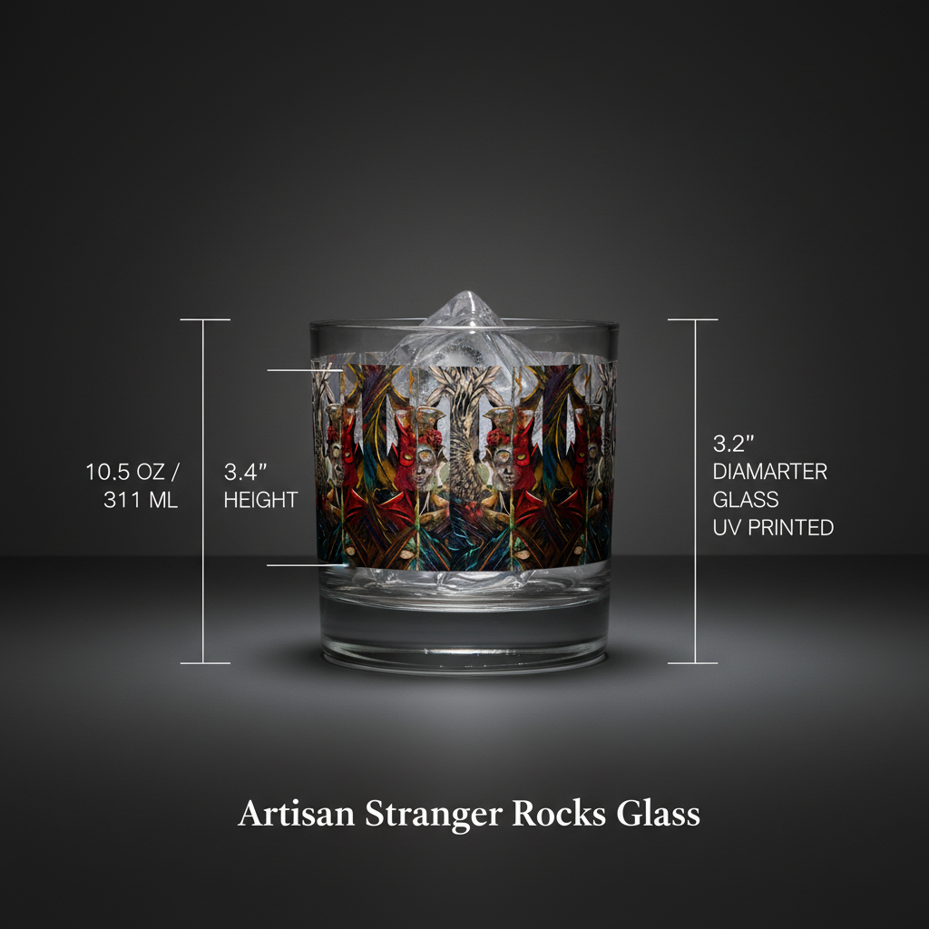 A rocks glass with a colorful, intricate mandala-style print, shown with dimension lines and text indicating its 10.5 oz height and 3.