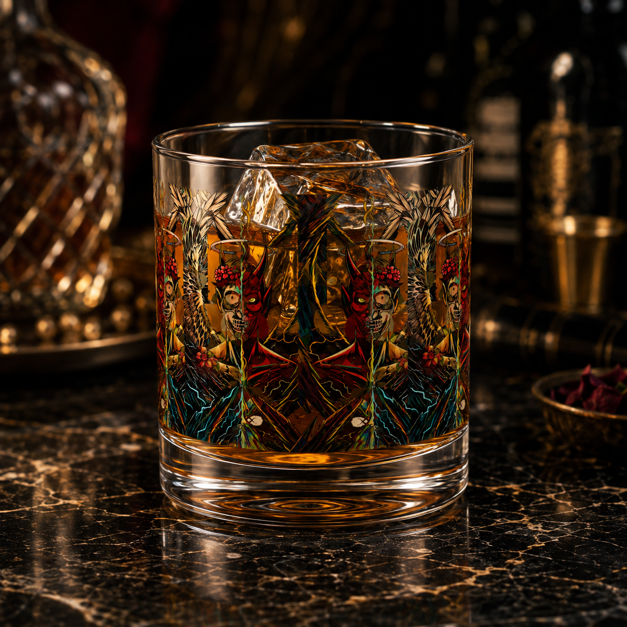 A clear glass rocks tumbler with an intricate, symmetrical gothic illustration featuring a central female face surrounded by skulls, red berries, and teal foliage, filled with amber whiskey and ice on a dark marble bar counter.