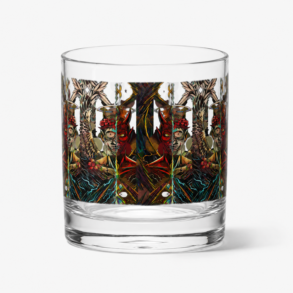 A clear rocks glass featuring a wrap-around psychedelic illustration of red-eyed monsters and tree-like figures, shown on a light gray background.