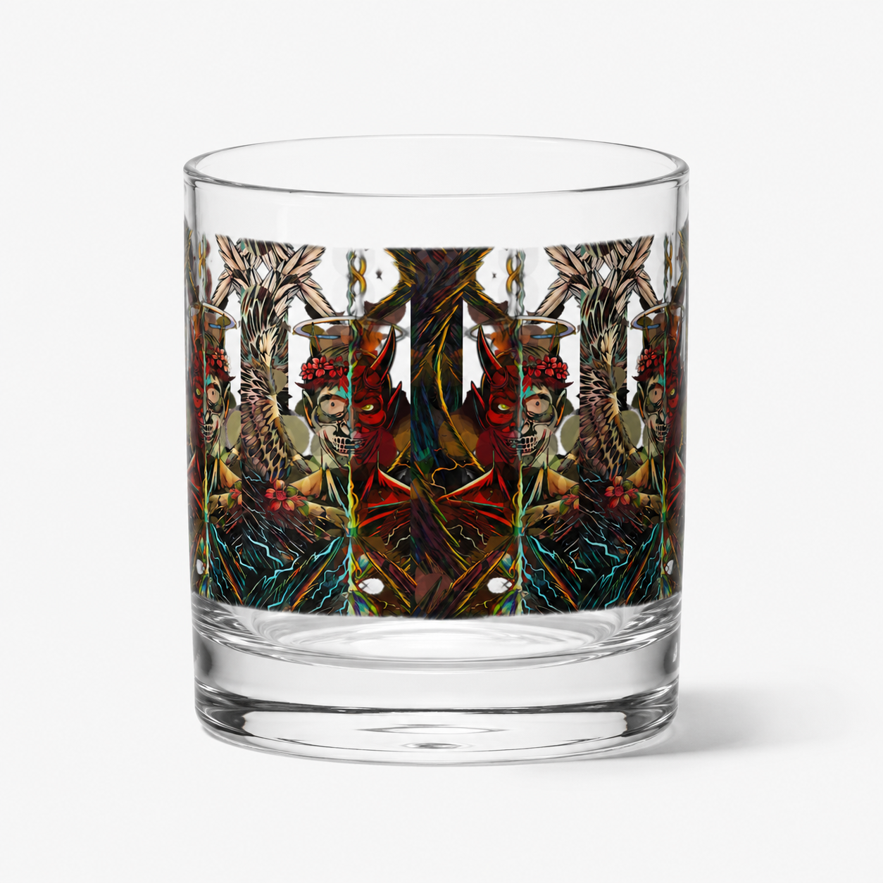 A clear rocks glass featuring a wrap-around psychedelic illustration of red-eyed monsters and tree-like figures, shown on a light gray background.
