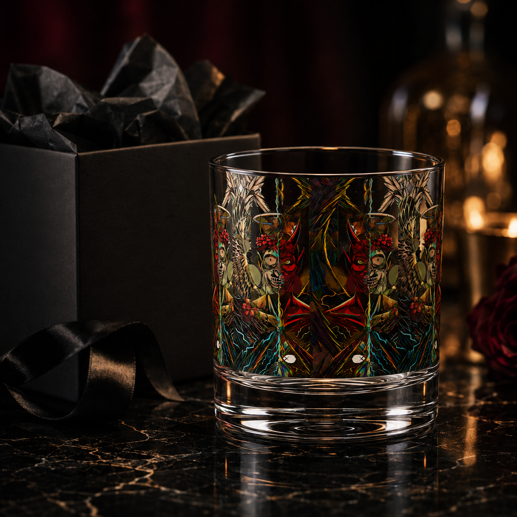 A clear glass tumbler with an intricate, symmetrical gothic illustration featuring faces, red roses, and dark foliage, set on a dark marble surface next to a black gift box.