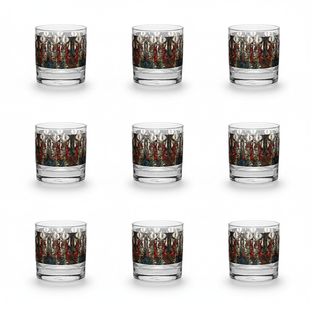Set of nine glass tumblers with decorative patterns on a white background
