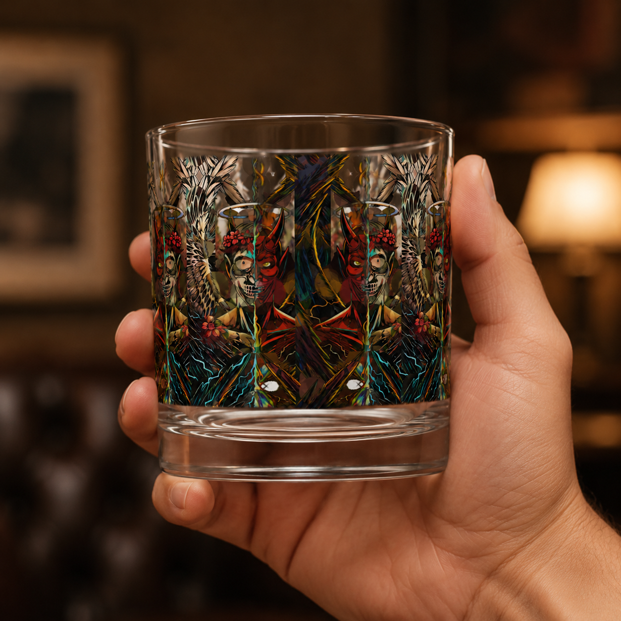 A hand holding a clear glass rocks tumbler with a detailed, symmetrical gothic illustration featuring red devil-like faces, gold chains, and dark blue and black elements, set against a warm, blurred indoor background.