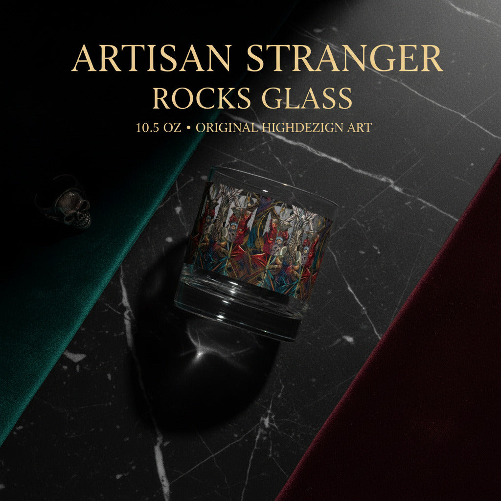 A 10.5 oz rocks glass featuring a colorful, detailed gothic illustration of a knight in armor, displayed on a black marble surface with velvet fabric accents and gold text overlay.