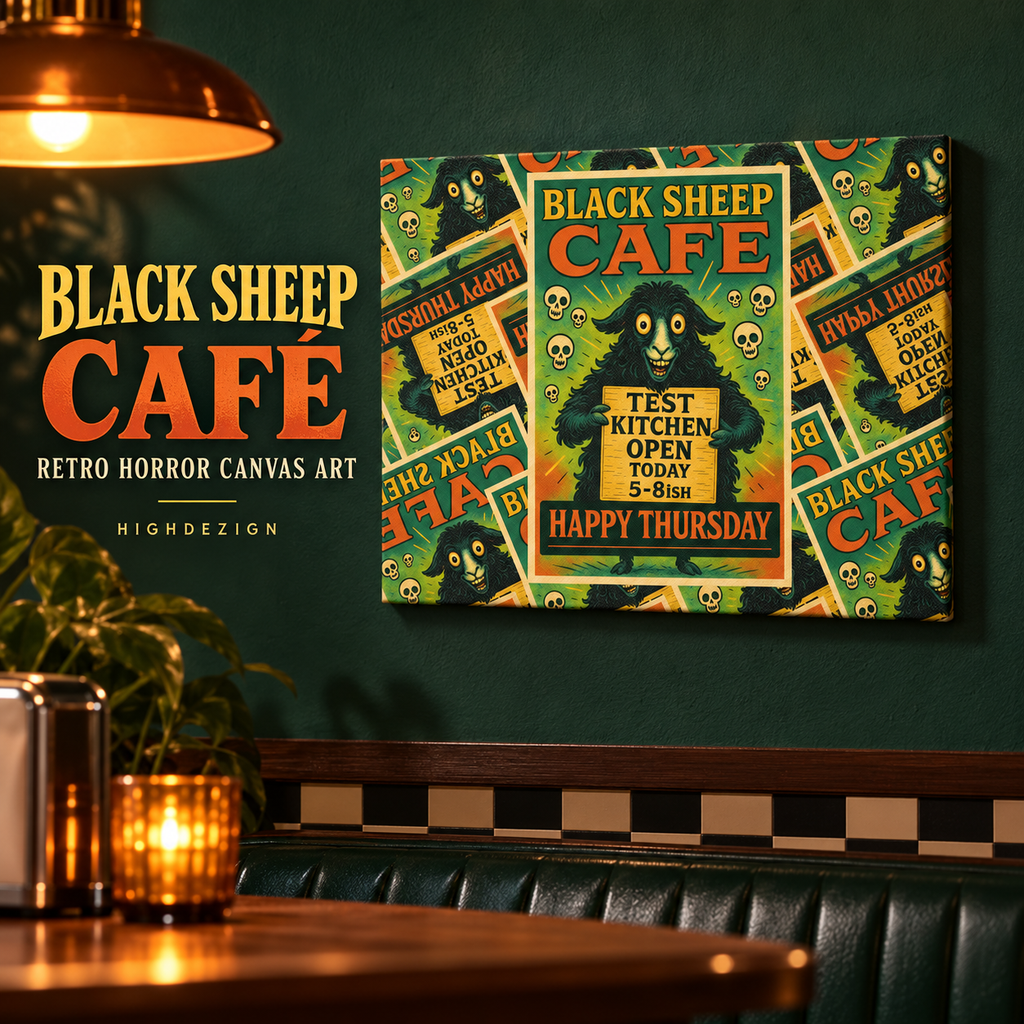 A canvas art print featuring a retro horror 'Black Sheep Cafe' design, displayed on a dark green wall in a cozy restaurant booth setting with warm lighting and a candle.