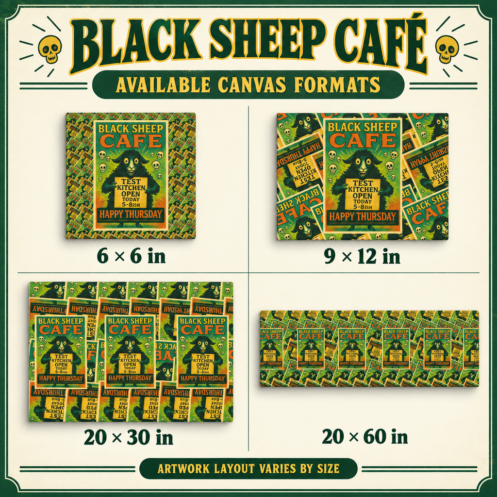 A size chart graphic for Black Sheep Cafe canvas prints showing four available formats: 6x6 in, 9x12 in, 20x30 in, and 20x60 in. The design features a vintage-style green and yellow cafe poster with a black sheep illustration, set against a cream background with a dark green border.