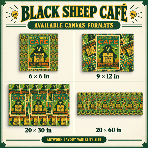 A size chart graphic for Black Sheep Cafe canvas prints showing four available formats: 6x6 in, 9x12 in, 20x30 in, and 20x60 in. The design features a vintage-style green and yellow cafe poster with a black sheep illustration, set against a cream background with a dark green border.