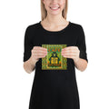 Woman holding a card with text and a logo on a white background